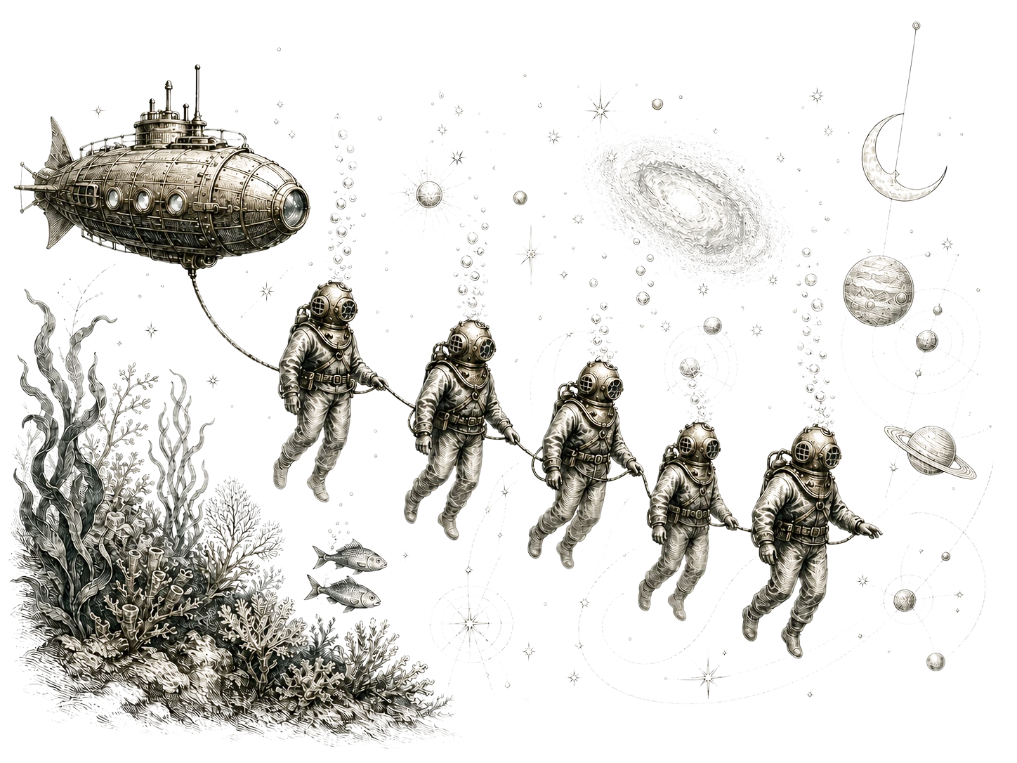 Five Victorian deep-sea divers follow a Nautilus through an underwater cosmos beneath a rippling surface and a subtly suspended crescent moon
