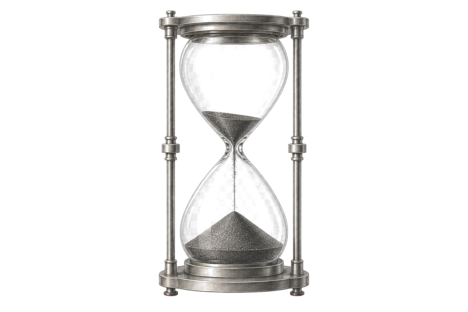 A precise graphite engraving of an hourglass with dark sand still falling