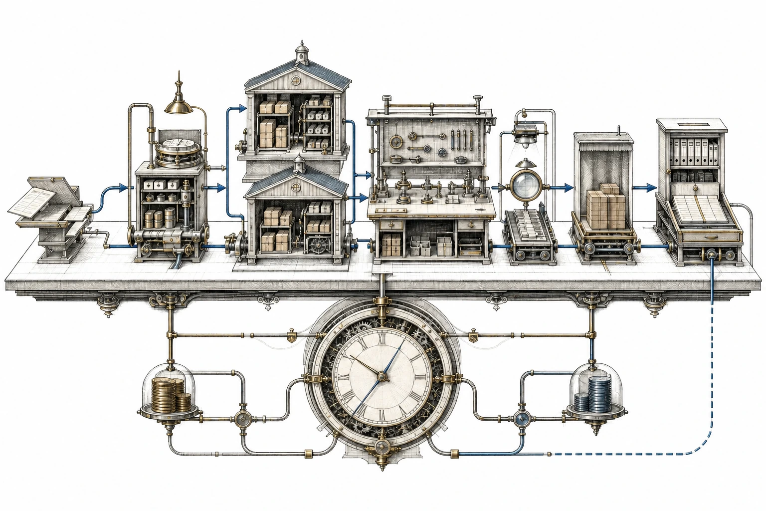 Abstract operational manufactory connecting orders, inventory, production, finance and time