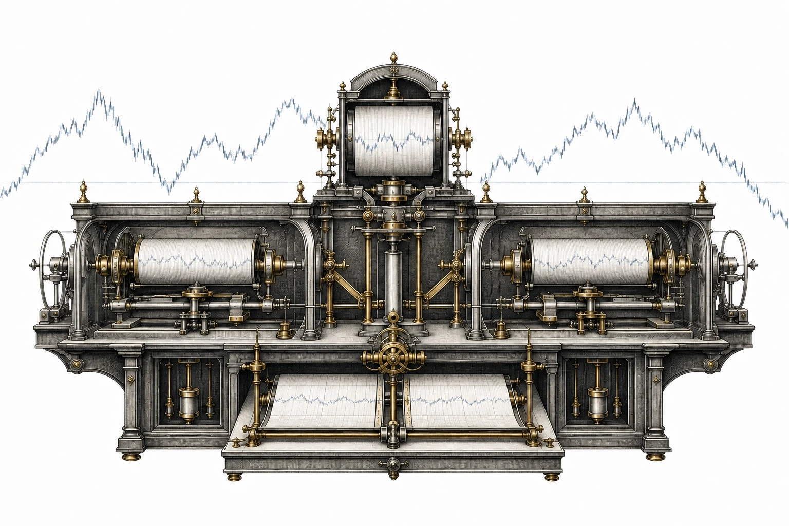 Abstract precision trading observatory with two isolated execution chambers and live market traces