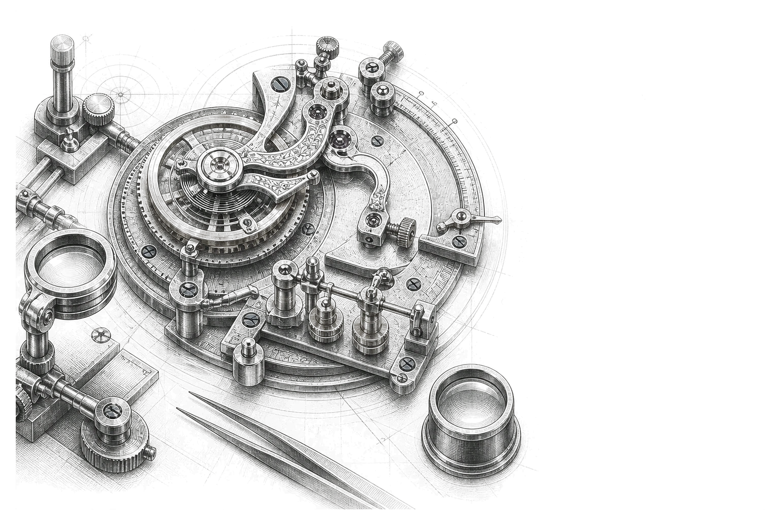 A sharp graphite engraving of a precision watch movement being individually fitted at a watchmaker’s bench