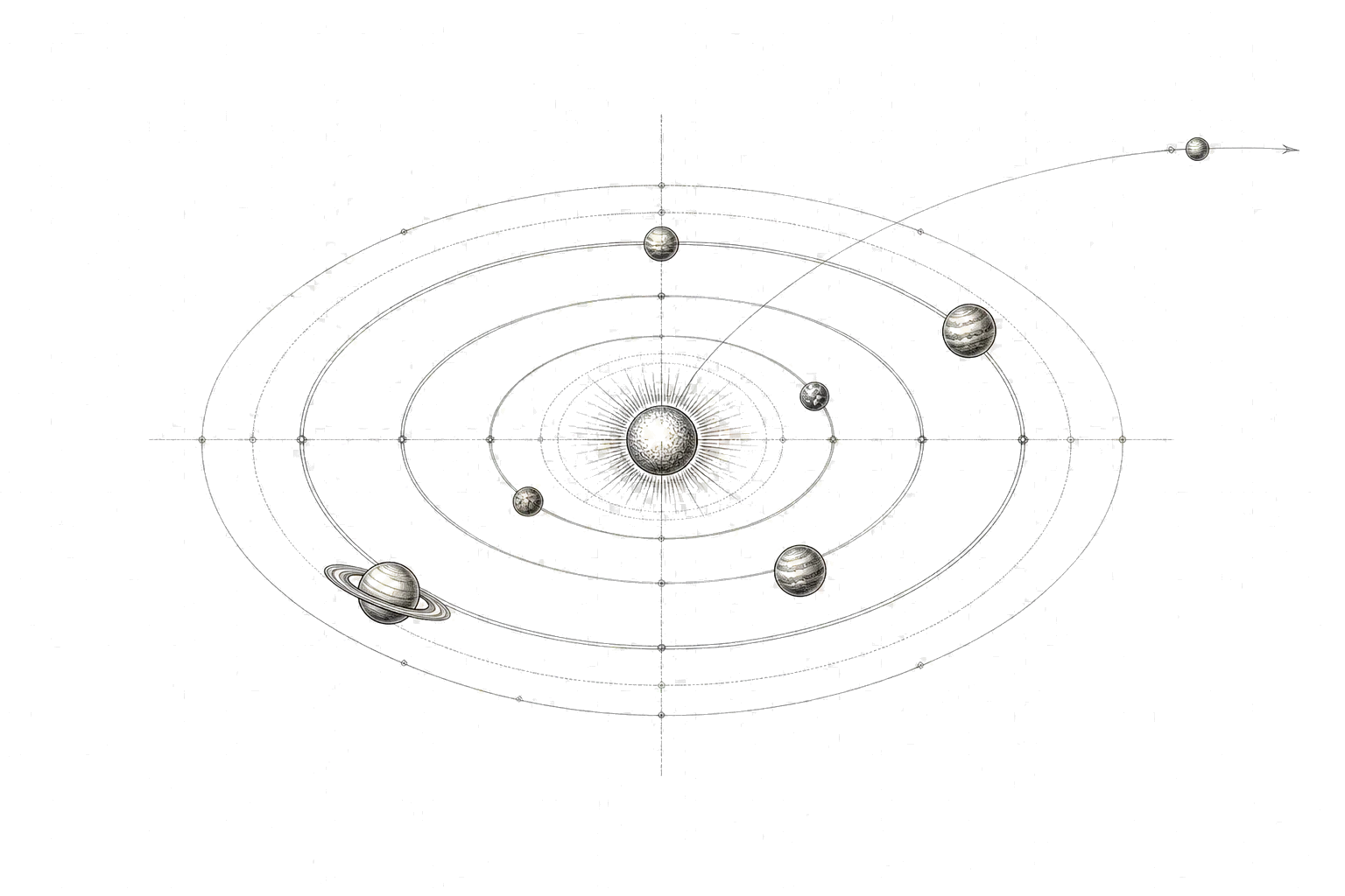 A Victorian Copernican engraving with the Sun at its centre and one planet leaving the prescribed orbit