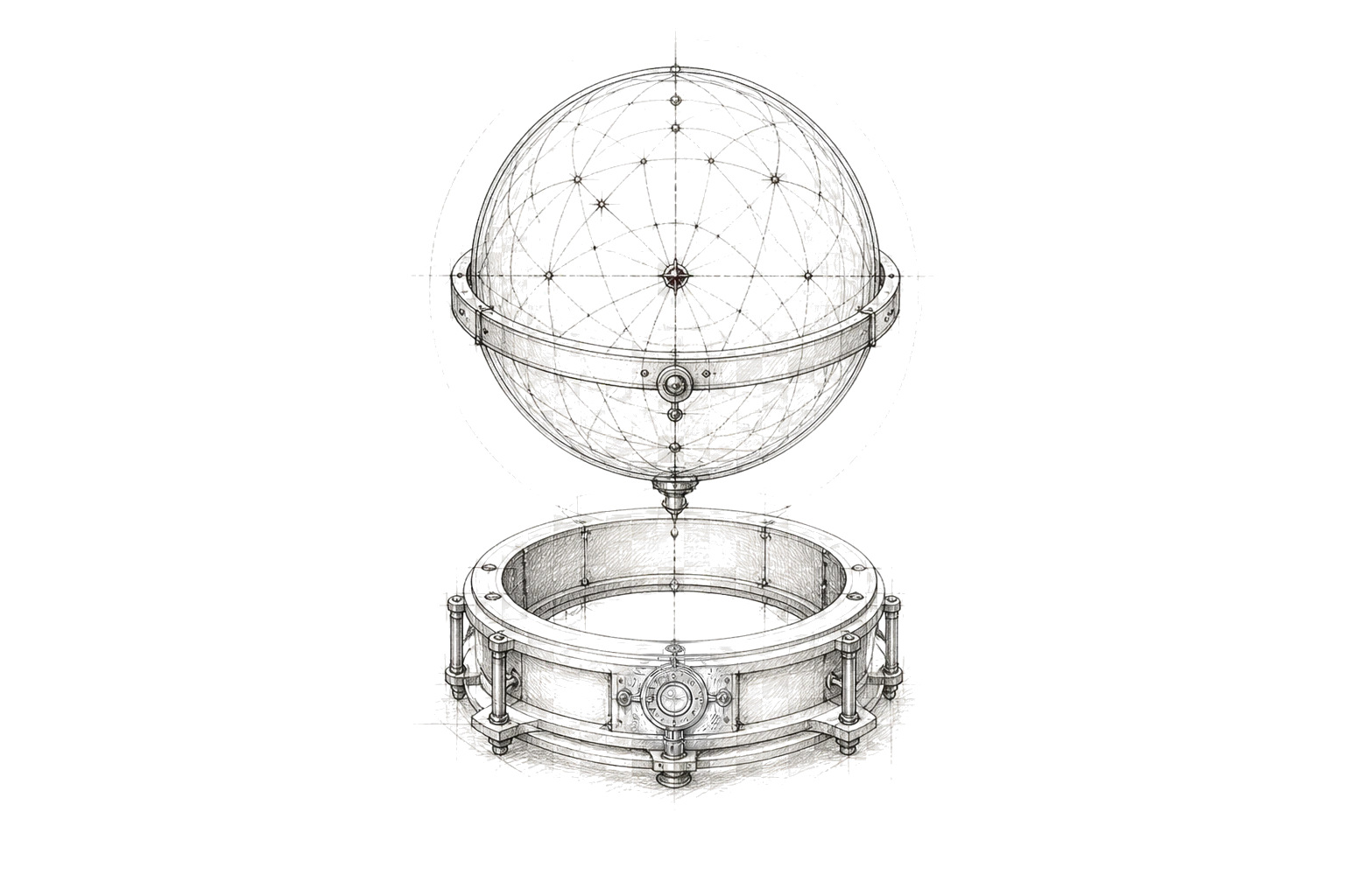 A wireframe intelligence sphere hovering above an open serviceable cradle without a gemstone brooch