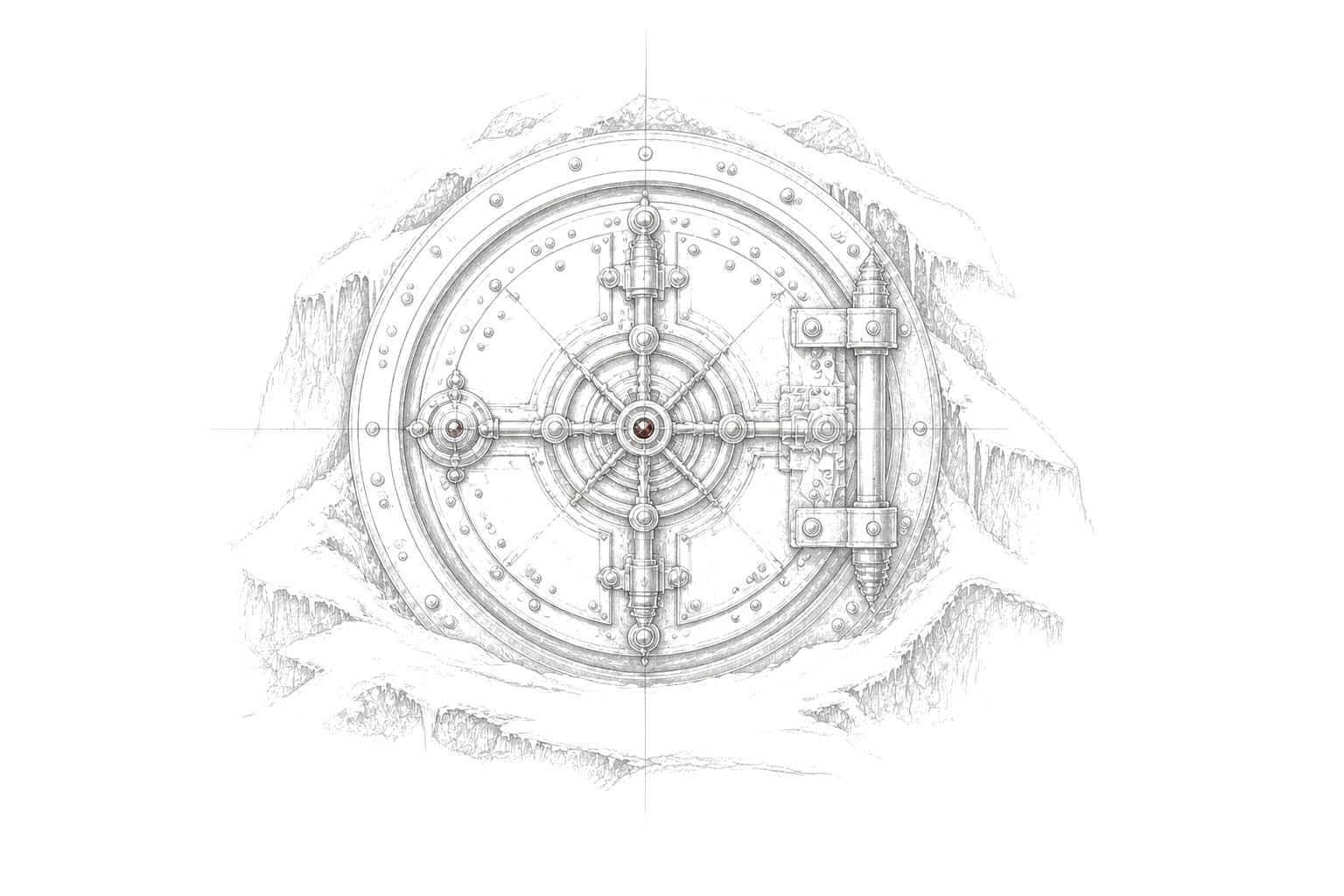 A frontal engraved vault door set into rock, representing private intelligence inside a controlled boundary